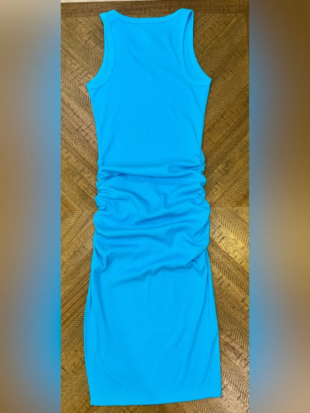 🩵 Bright Turquoise Blue V-Neck Midi Ruched Dress w/ Low Side Slit - size Small - Picture 5 of 15